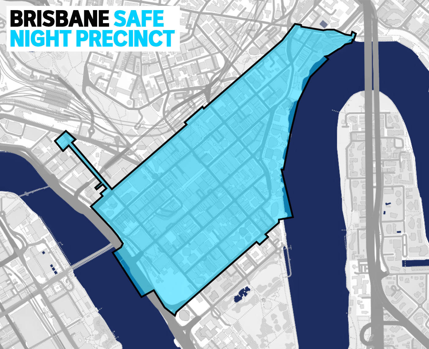 A map of the Brisbane safe night precinct in blue