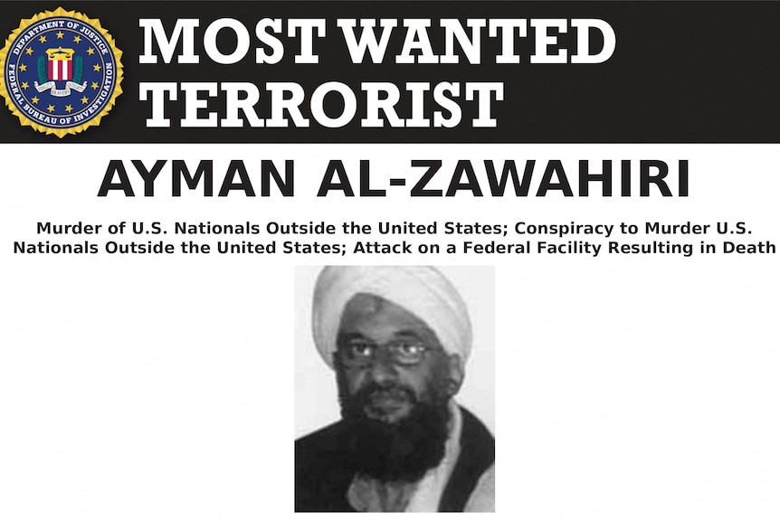 A black and white photo with the words Most Wanted Terrorist: Ayman al-Zawahiri.