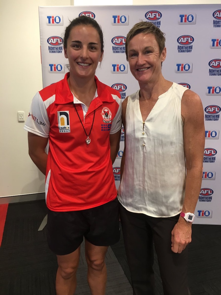 Colleen Gwynne with Crows Player Ange Foley.