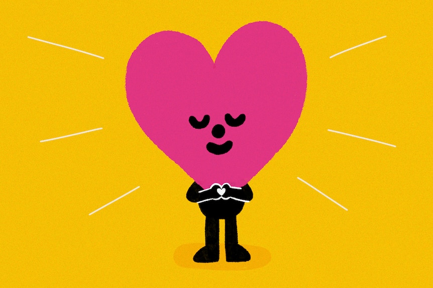 A stick figure with a love-heart shaped head smiles in a calm expression with hands pressed together.