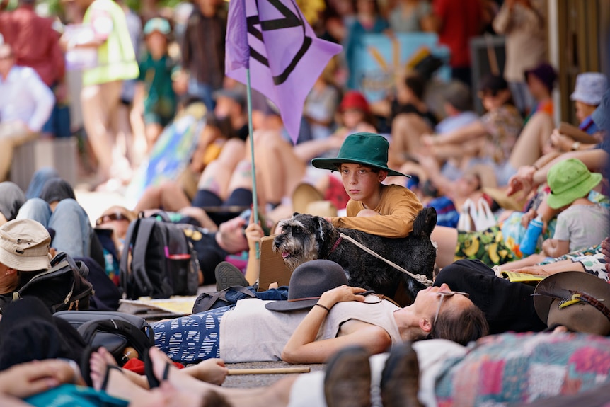 A young boy looking forlorn sits with a dog among a large group of people lying on the ground.