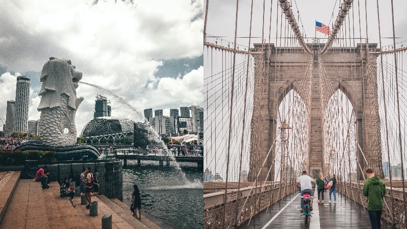 A composite image shows a water feature in Singapore on the left and a New York bridge on the right
