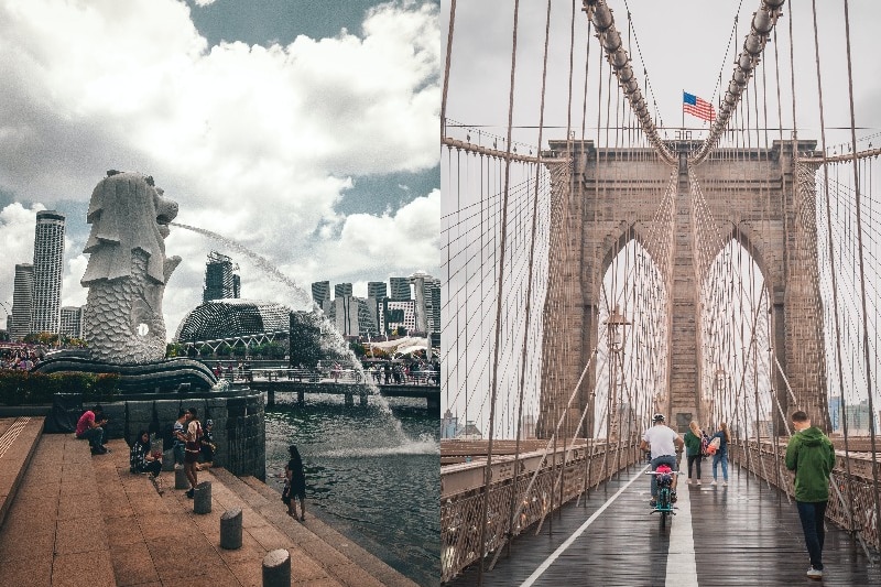 A composite image shows a water feature in Singapore on the left and a New York bridge on the right