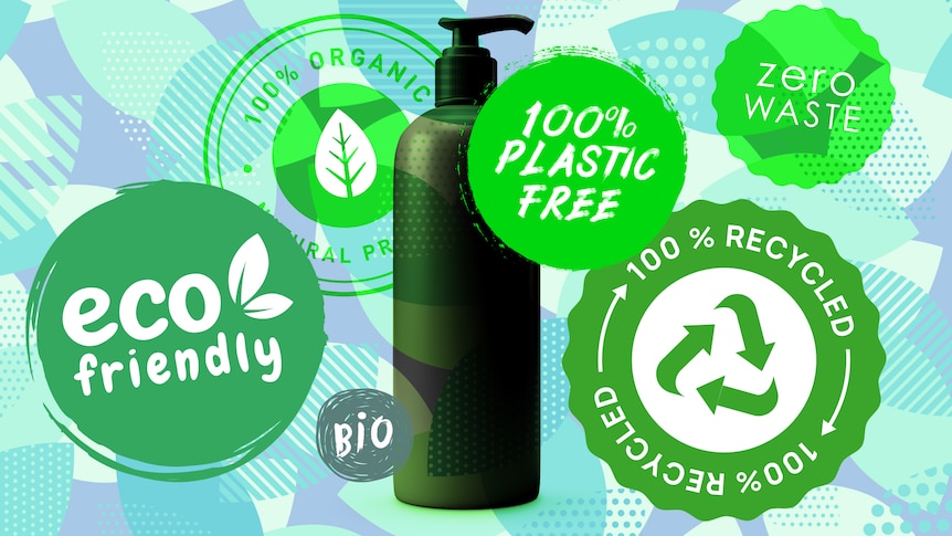 An unbranded pump bottle surrounded by eco friendly claims like 100% recycled, zero waste, plastic free and organic.
