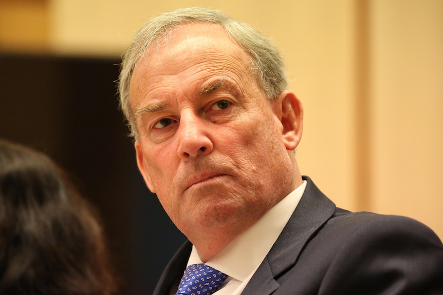 Richard Colbeck looking to his left while appearing at a parliamentary hearing