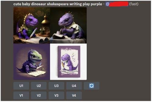 A screenshot of Midjourney AI shows a text prompt and four different images of a small purple dinosaur writing.