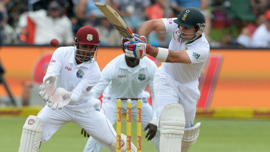 South Africa's Dean Elgar plays a shot against West Indies in the second Test at Port Elizabeth.