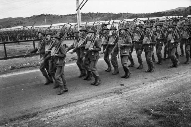 2/40 Battalion marching out of Brighton camp on the way to Hobart.