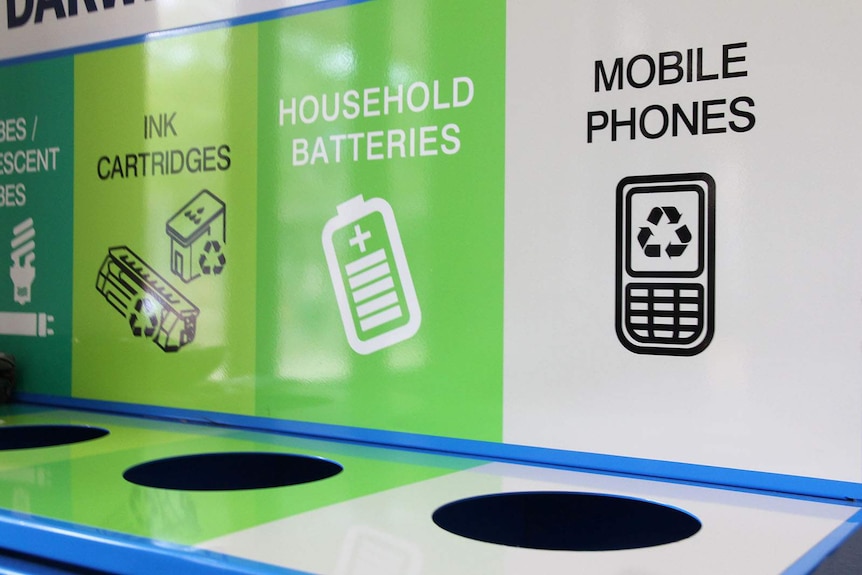 A photo of an e-waste collection bin for used phones, batteries and ink cartridges.