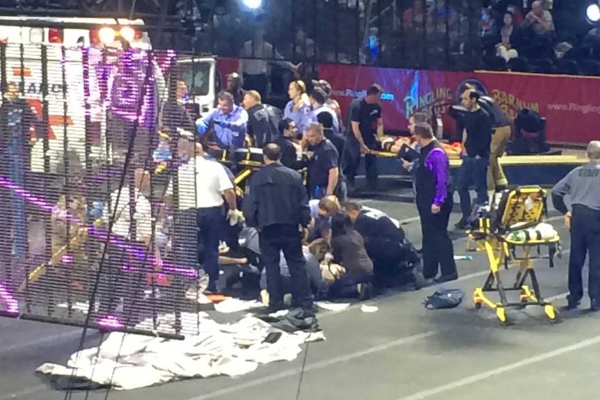 Emergency personnel treat circus performers who were injured during a performance in Rhode Island.