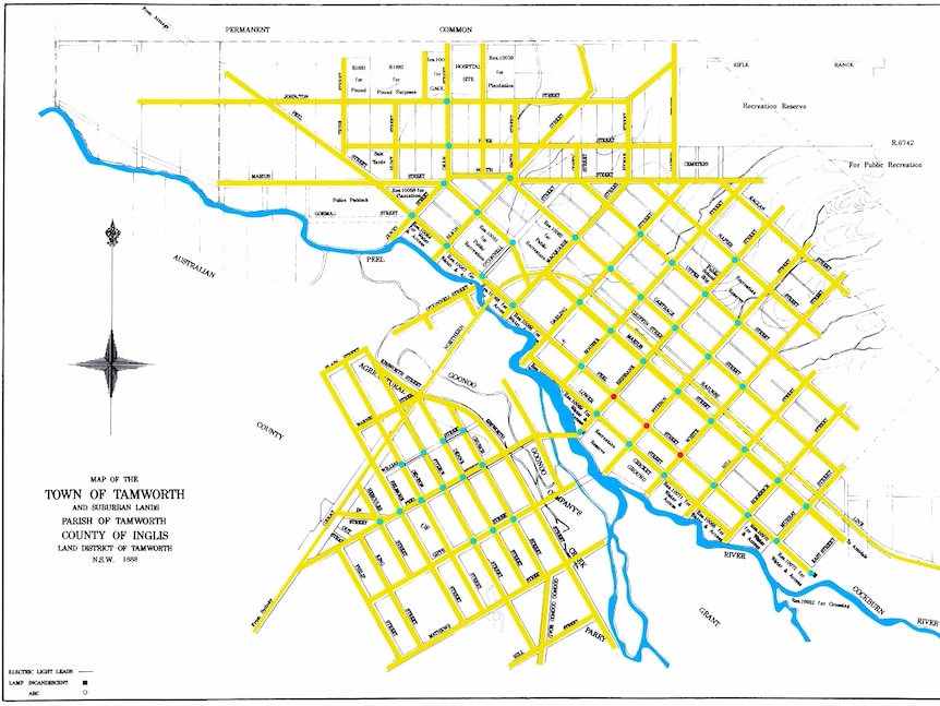 A map of Tamworth marking street light locations
