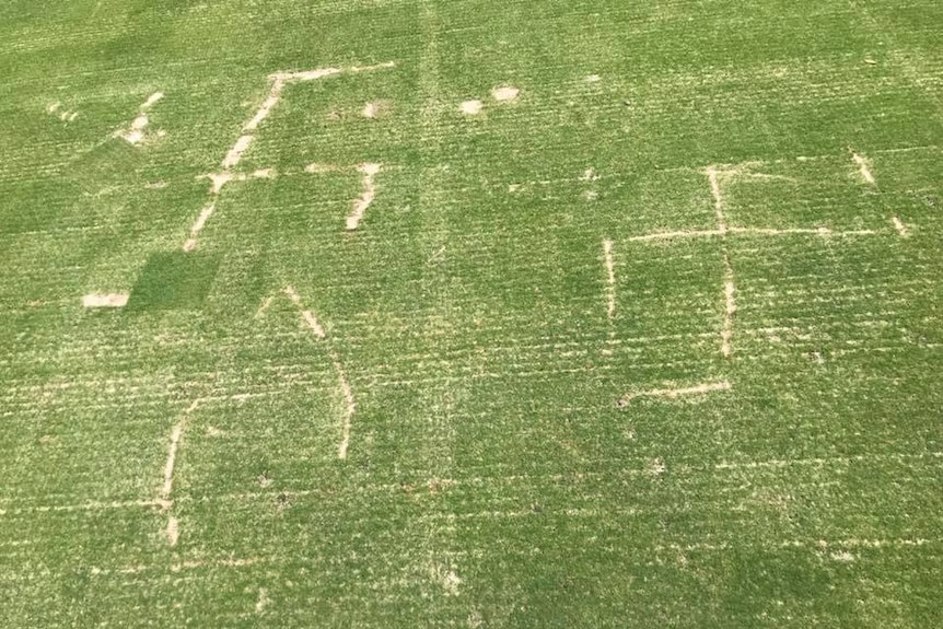 Swastikas carved into a golfing green