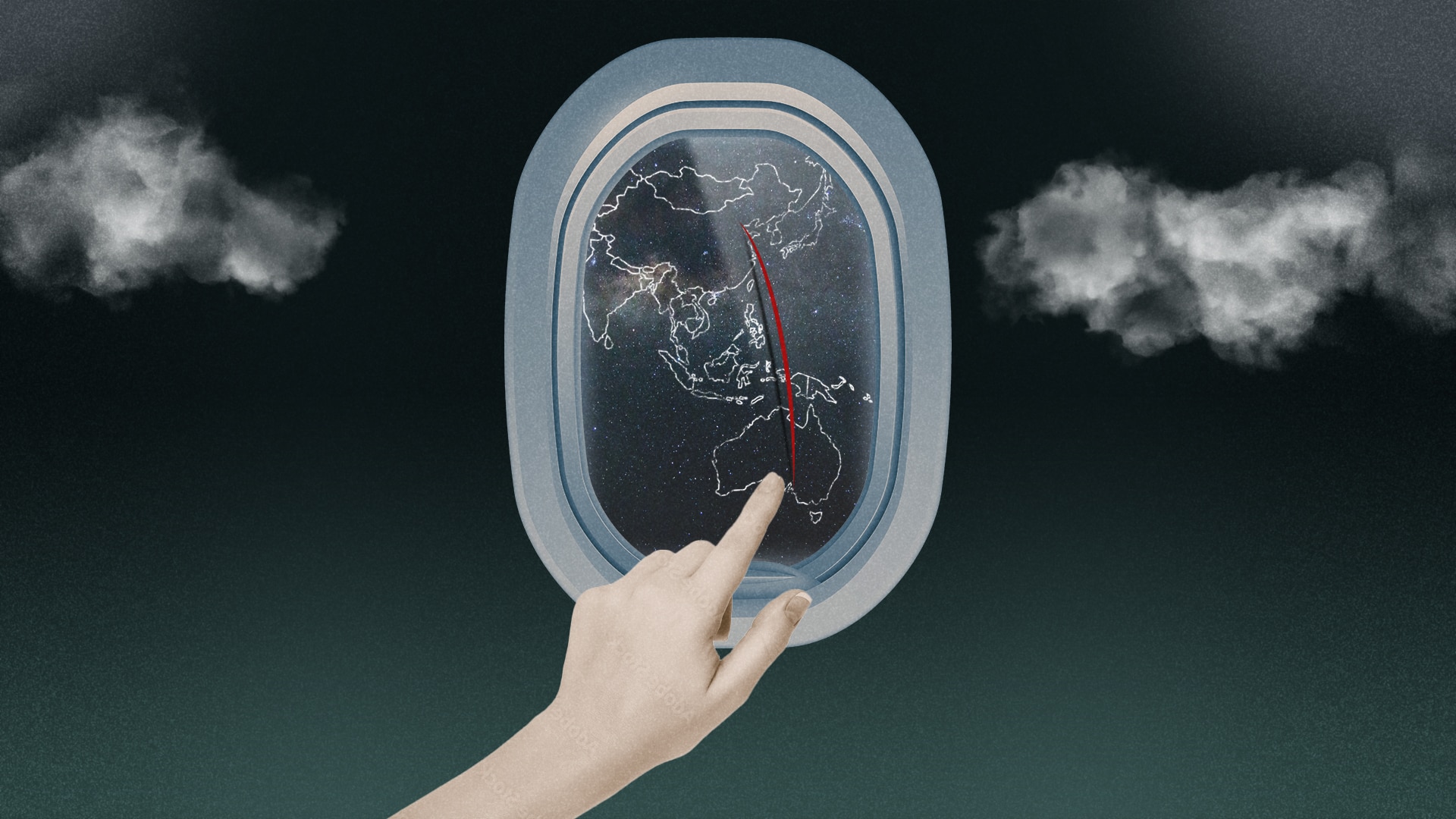 A hand points to a window with a map of Australia.