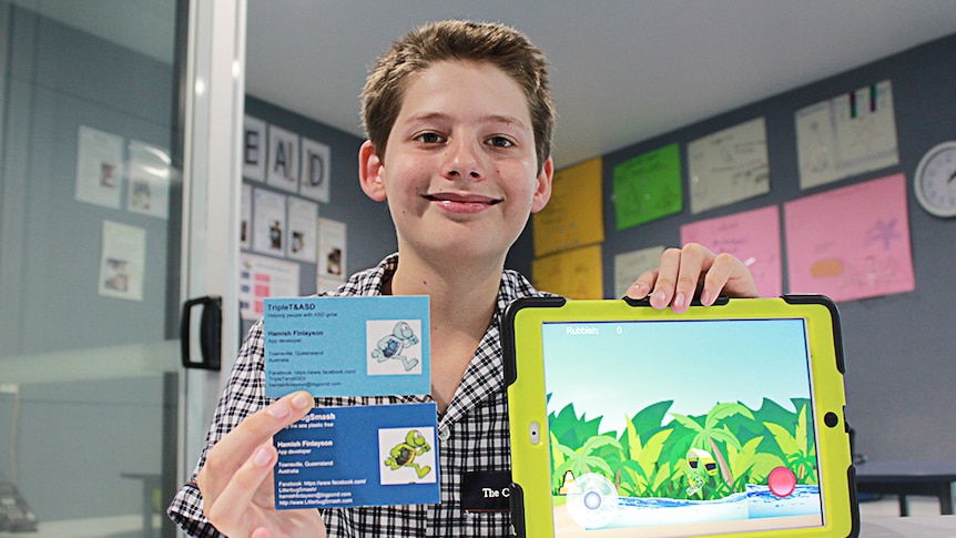 Hamish Finlayson with his two business cards and app.