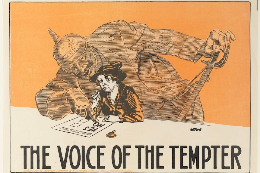 The ghost of Kaiser Wilhelm lurks behind a woman contemplating a vote. He points to No. Text reads "The Voice of the Tempter".