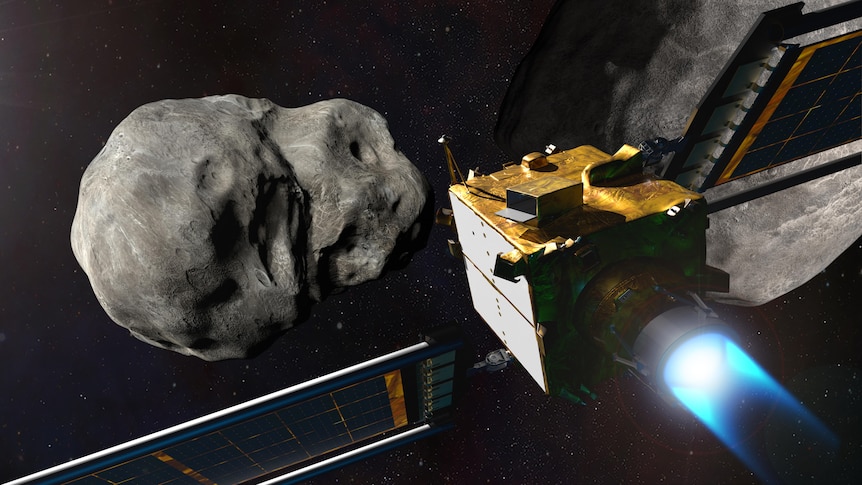 A graphic shows a spacecraft about to hit an asteroid.
