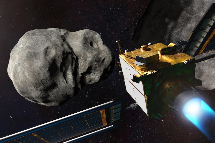 A graphic shows a spacecraft about to hit an asteroid.