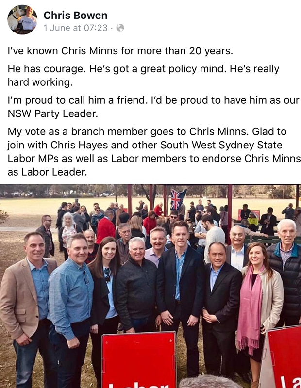 Text of post: "I've known Chris Minns for more than 20 years. He has courage. He's got a great policy mind et cetera"