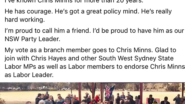 Text of post: "I've known Chris Minns for more than 20 years. He has courage. He's got a great policy mind et cetera"