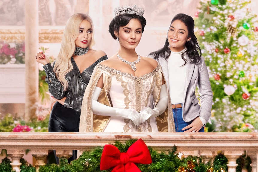 Vanessa Hudgens as three different characters from The Princess Switch. One Vanessa wears a ballgown, gloves and crown