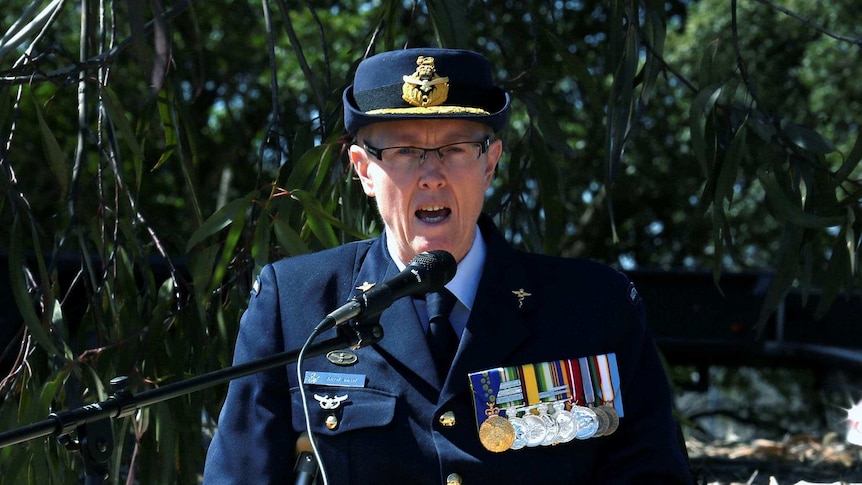 AVM Tracy Smart speaks to troops at the ANZAC parade in Canberra.
