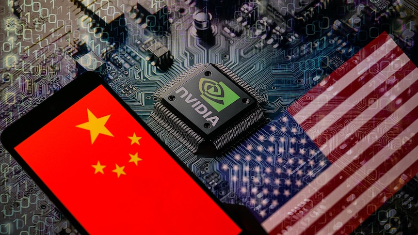 The flags of China and the USA are being displayed on a smartphone, with an NVIDIA chip visible in the background.