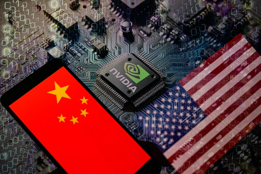 The flags of China and the USA are being displayed on a smartphone, with an NVIDIA chip visible in the background.