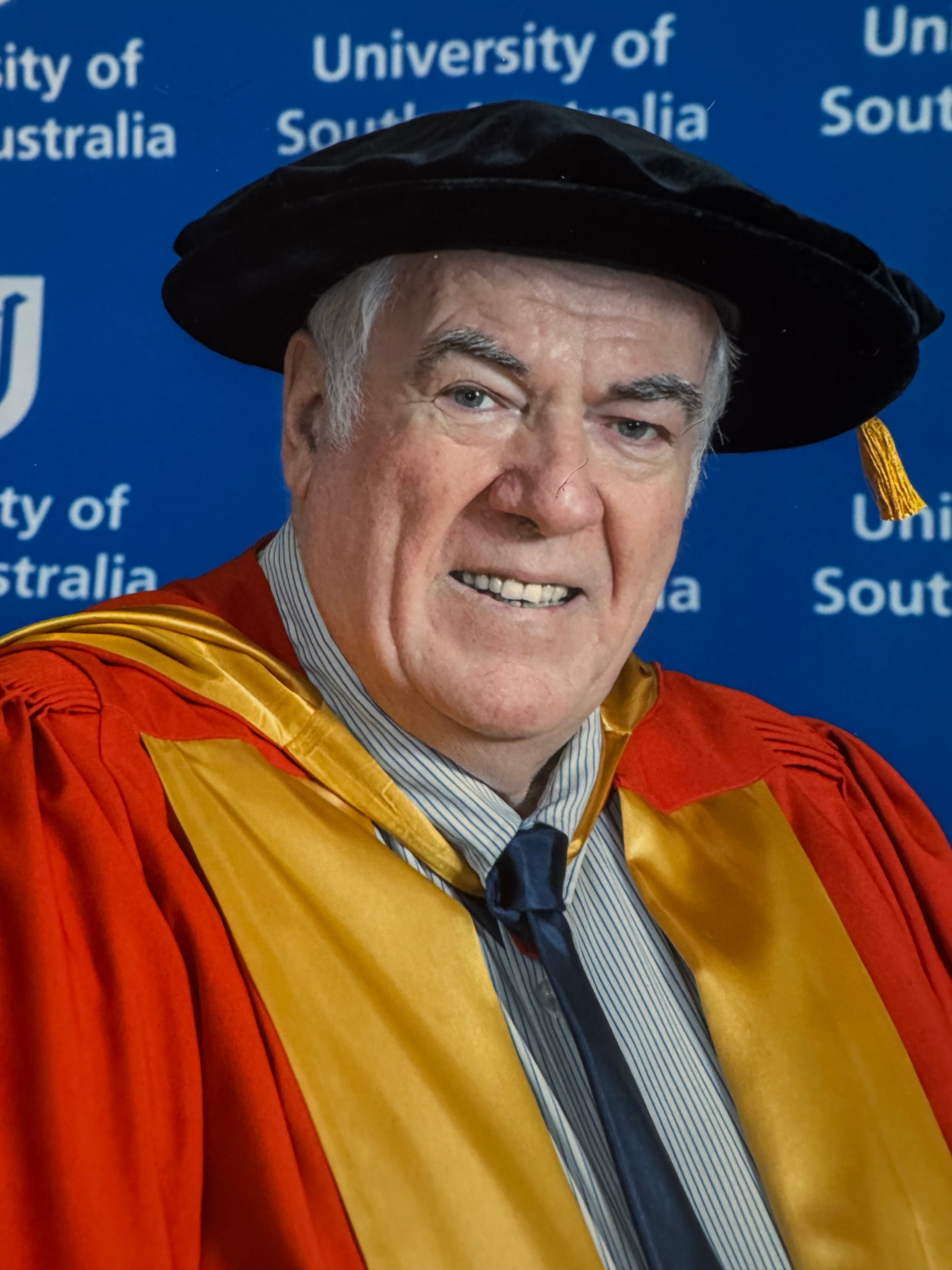 A man in a university cap and gown outfit.