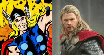 The Norse god Thor as he appeared in the original comic book and as played by Chris Hemsworth in the Marvel films.