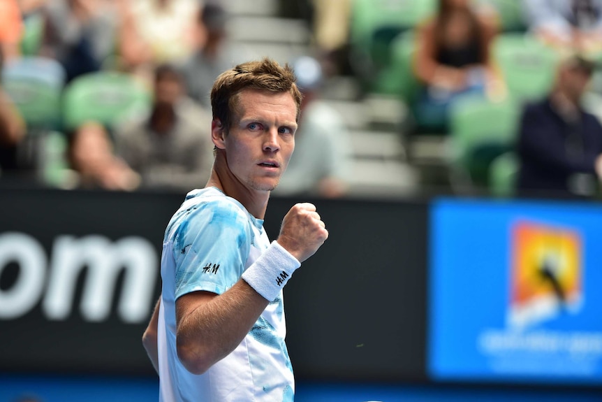 Tomas Berdych of the Czech Republic plays Rafael Nadal of Spain in their quarter final match