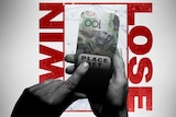A graphic combines the words "win" and "lose", a $100 note and a hand holding a smartphone.