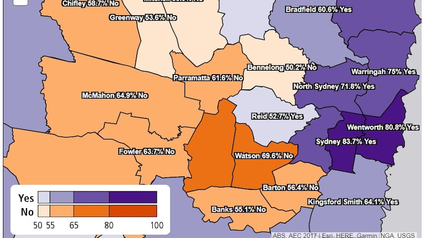 A blue and orange map of Sydney electorates, showing an overwhelming vote for No for same-sex marriage in western Sydney.