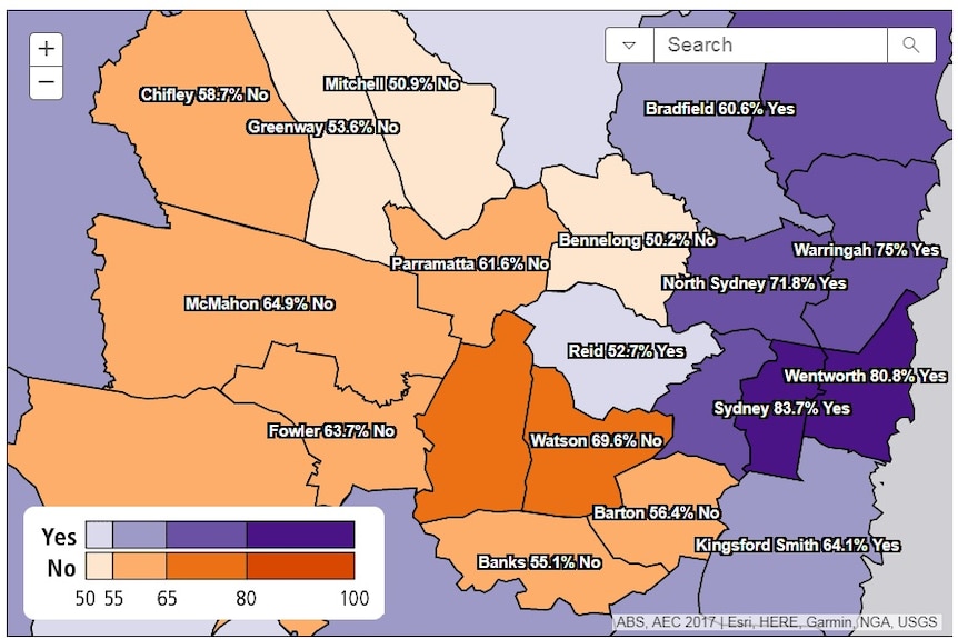 A blue and orange map of Sydney electorates, showing an overwhelming vote for No for same-sex marriage in western Sydney.