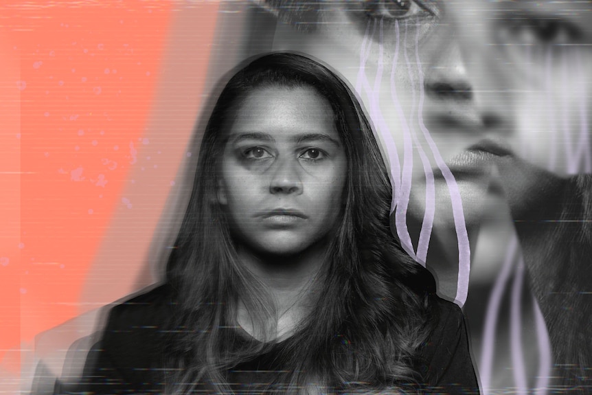 Two black and white out-of-focus photos of a woman, one with purple tears streaming down her face