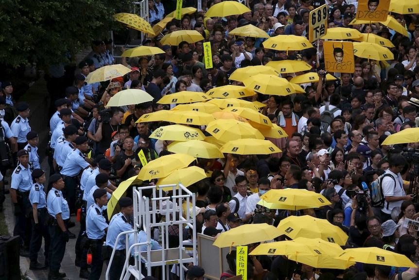 Protestors holding yellow umbrellas