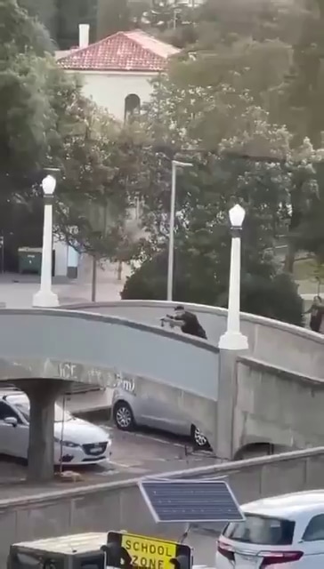 Um homem disparando uma arma de uma ponte durante o ataque terrorista de Bondi