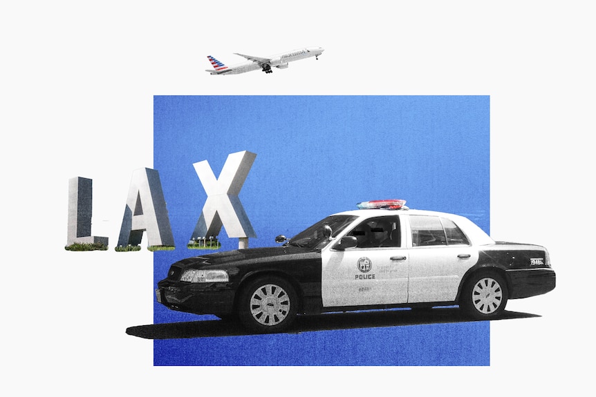 A collage of the LAX sign from LA's airport, an LAPD car, and a plane taking off.