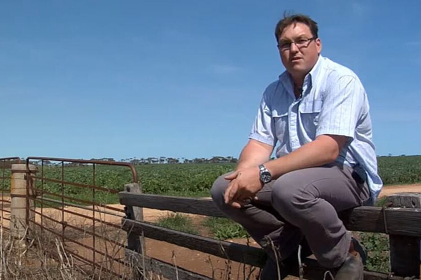 a man sitting on a fence in an agricultural setting under blue skies