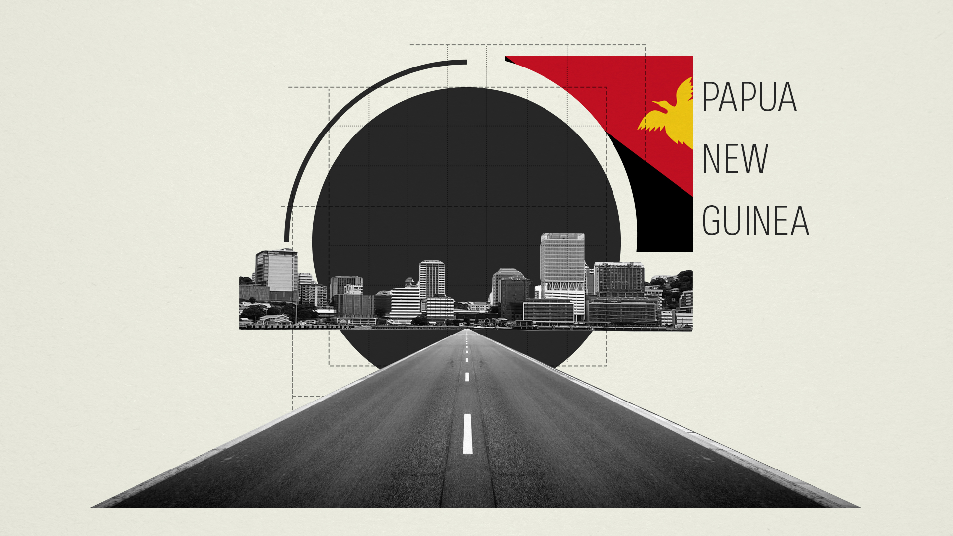 A graphic with a road leading into a city and part of the PNG flag.
