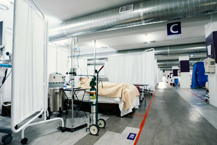 A patient in a hospital bed set up in a carpark