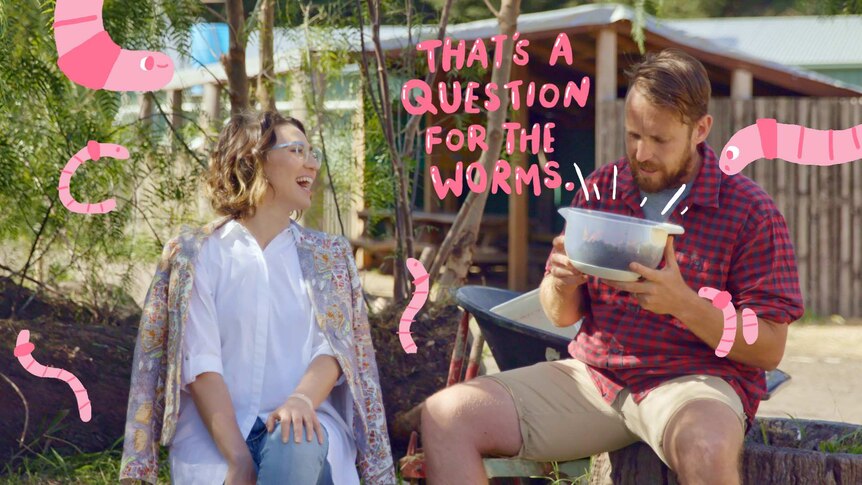 Woman sits next to man holding a bowl of dirt, text overlay reads "That's a question for the worms."