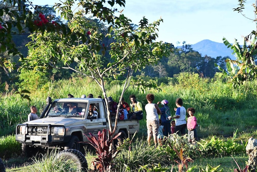 Group of people in a lush landscape standing around a truck. Some people sitting in truck