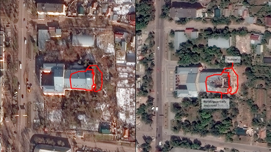 Satellite images show the damage to the roof of the Palace of Culture.