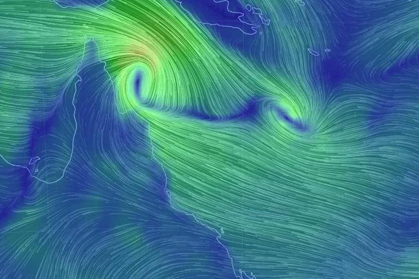 Visualisation of wind speeds showing the tropical low off the coast of Queensland that was tropical cyclone Penny.