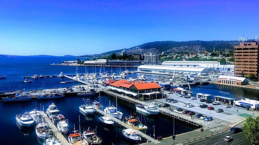 View from Hobart CBD over waterfront, November 2017.