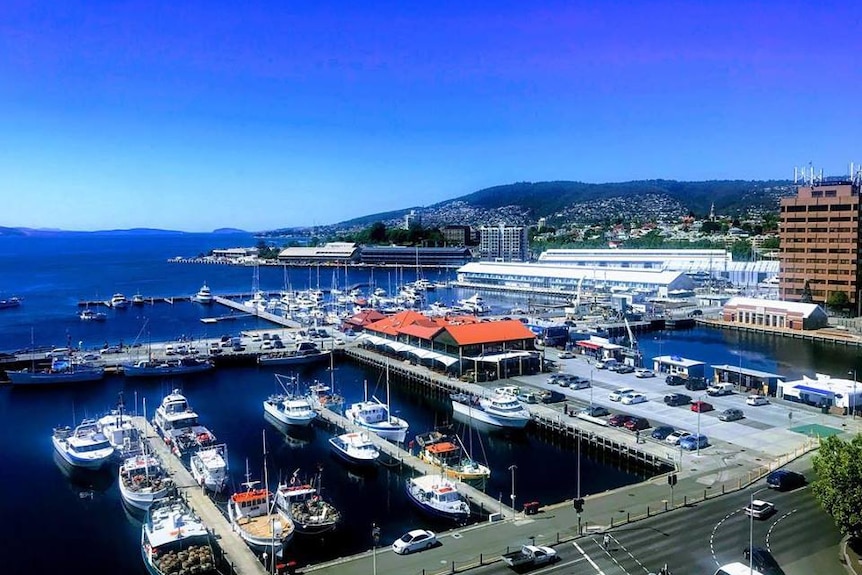 View from Hobart CBD over waterfront, November 2017.