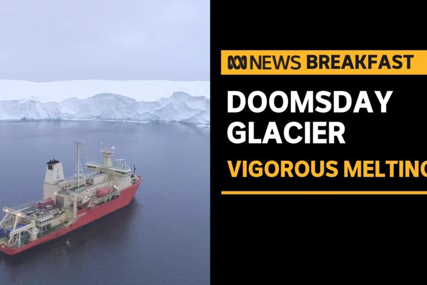Doomsday Glacier, Vigorous Melting: A research vessel in a body of water in front of a vast white polar glacier.