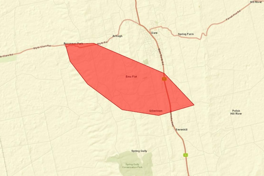 A map of the area around Clare with a red area to the south-west