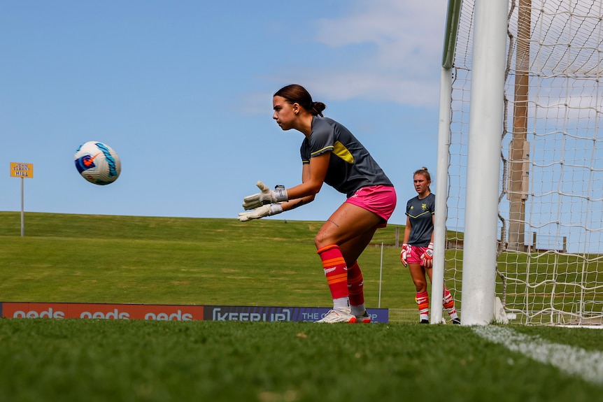 A soccer goalkeeper wearing grey and pink catches the ball 