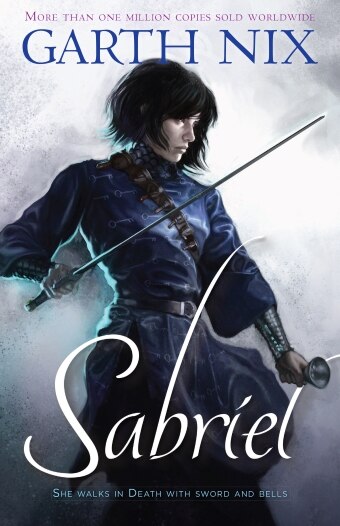 The book cover of Sabriel by Garth Nix, featuring a necromancer wielding a sword